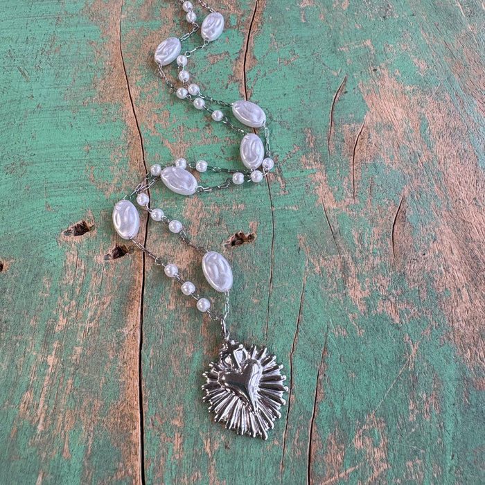 Silver Sacred Heart Pearl Chain Necklace or Earrings