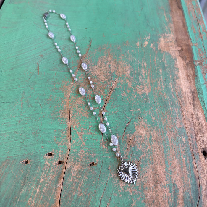 Silver Sacred Heart Pearl Chain Necklace or Earrings