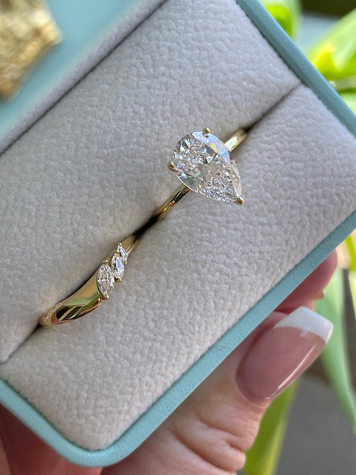 Silver, Yellow gold over sterling silver 925 bridal set with 2CT, 3CT pear cut CZ simulated diamond engagement ring and curved wedding band