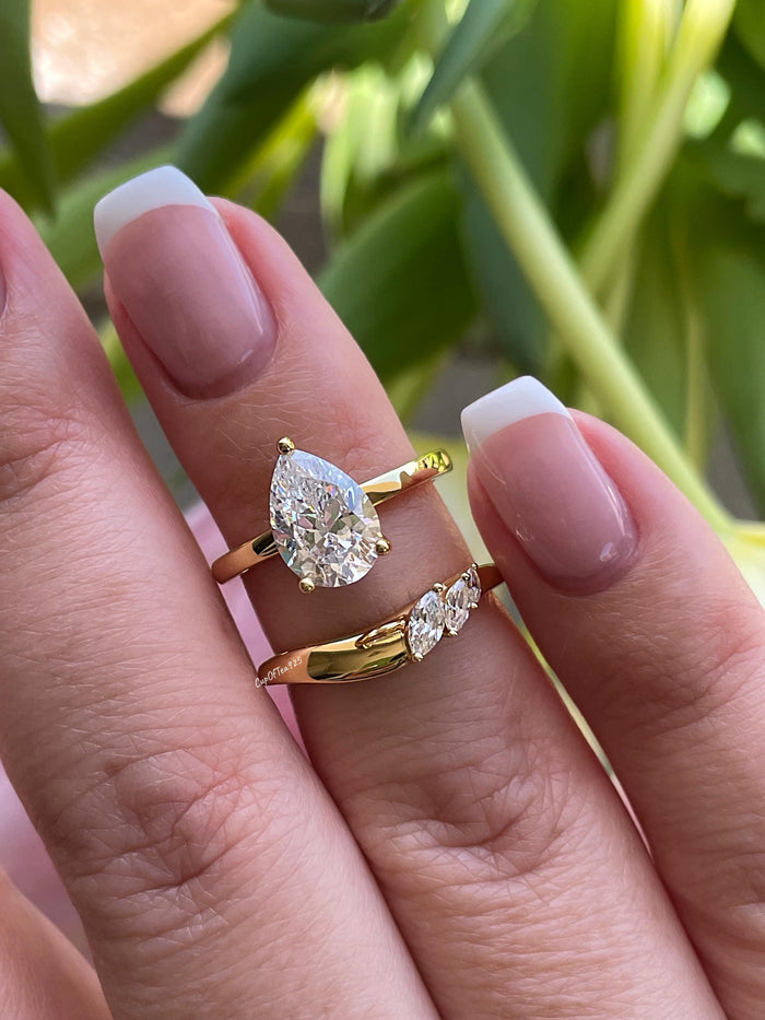 Silver, Yellow gold over sterling silver 925 bridal set with 2CT, 3CT pear cut CZ simulated diamond engagement ring and curved wedding band