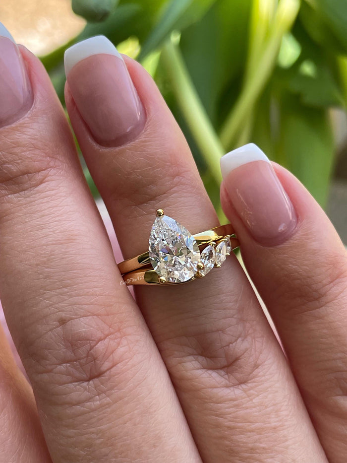 Silver, Yellow gold over sterling silver 925 bridal set with 2CT, 3CT pear cut CZ simulated diamond engagement ring and curved wedding band