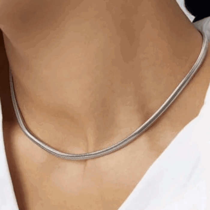 Silver snake chain necklace resting on skin, close view of linked pattern.