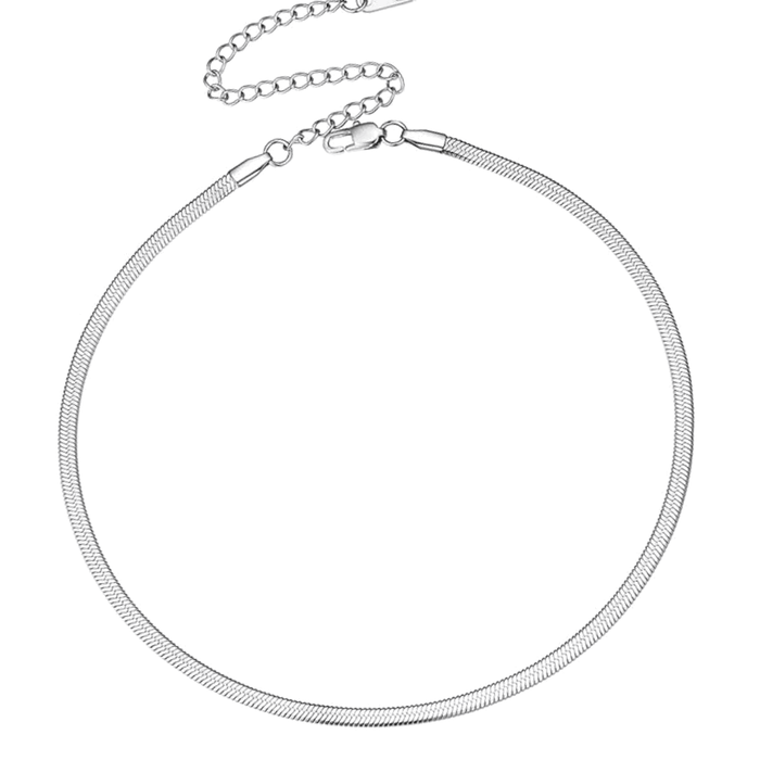 Silver snake chain necklace with round links and small clasp extension.