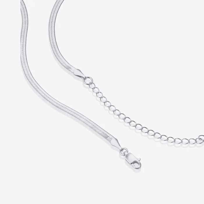 Silver snake chain necklace clasp and extender with ring connector.