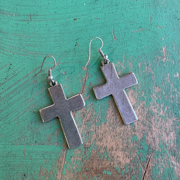 Solid Brushed Silver Cross Earrings