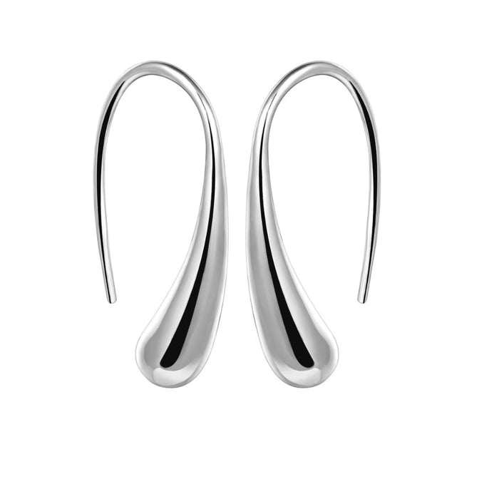 Silver teardrop hook earrings, glossy curved teardrop drop on hook backs