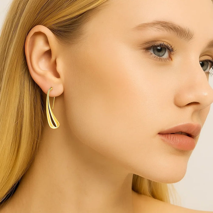 Gold-tone teardrop hook earrings with slim curved open teardrop shape