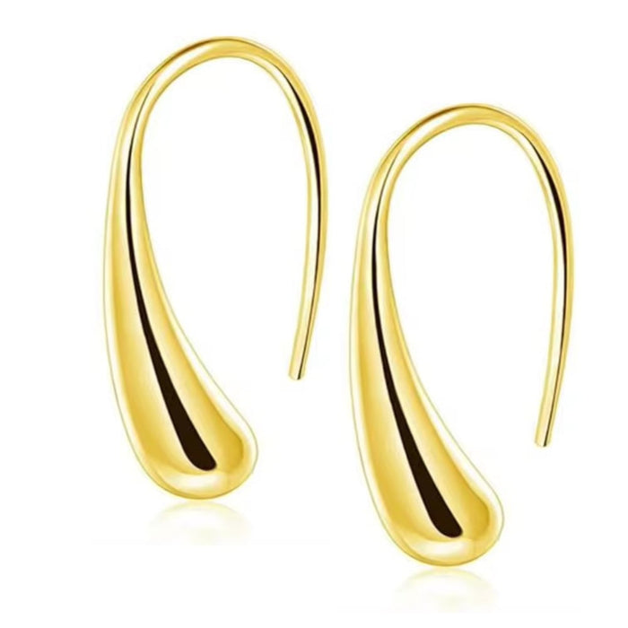 Gold teardrop hook earrings, glossy curved teardrop profile with long hook