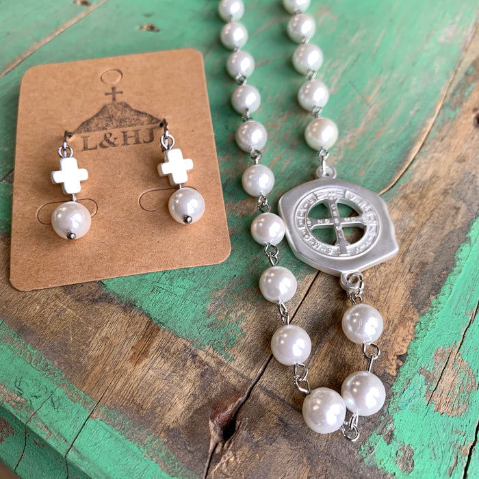 St Benedict Link Pearl Necklace Or Earrings