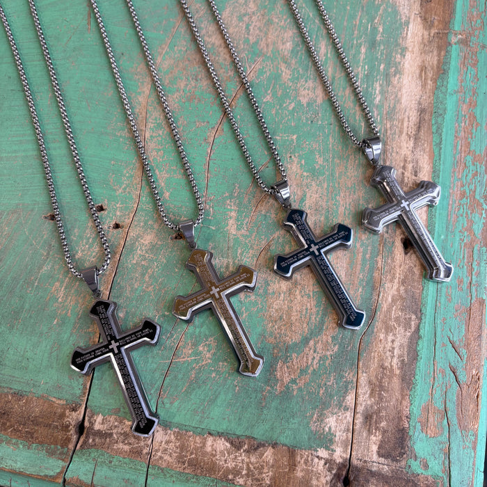 Stainless Steel Big Our Father Cross Necklace