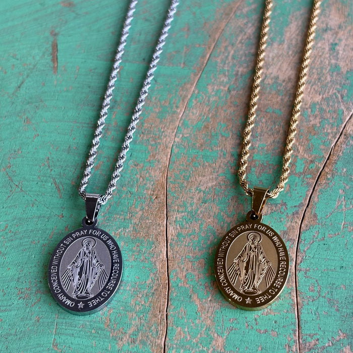 Stainless Steel Miraculous Medal Rope Chain Necklace