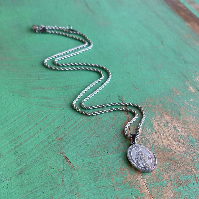 Stainless Steel Miraculous Medal Rope Chain Necklace