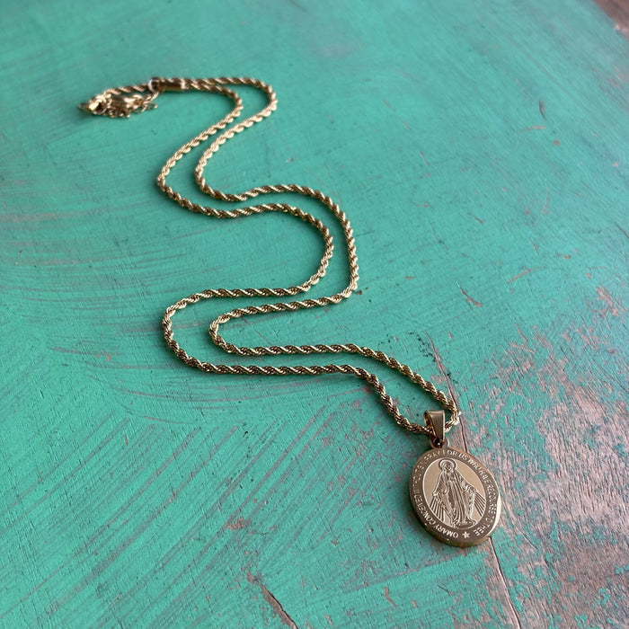 Stainless Steel Miraculous Medal Rope Chain Necklace