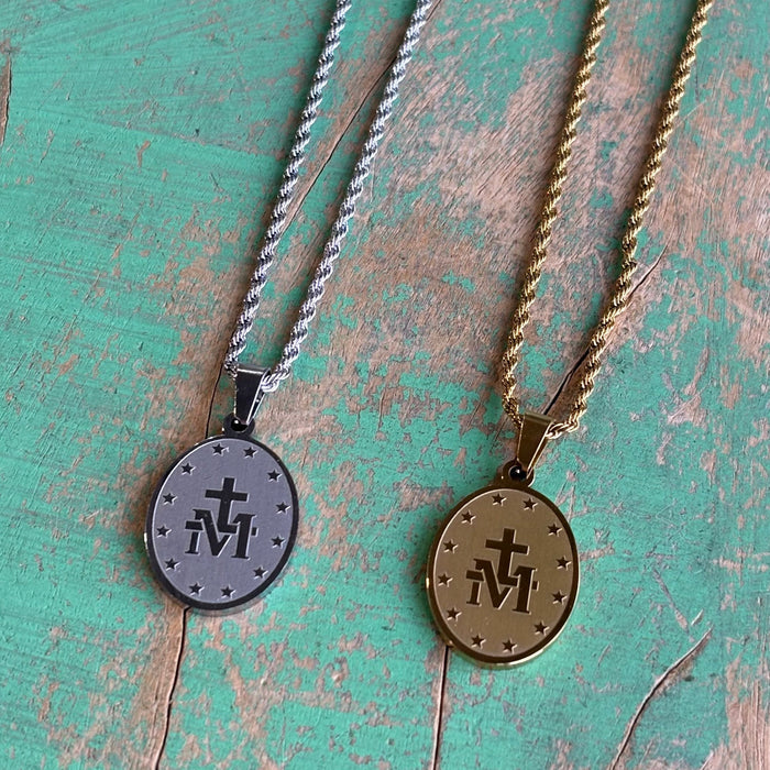 Stainless Steel Miraculous Medal Rope Chain Necklace