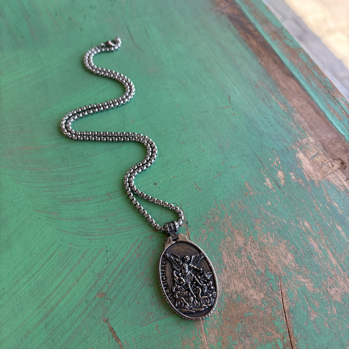 Stainless Steel Oval St Michael Pendant Necklace