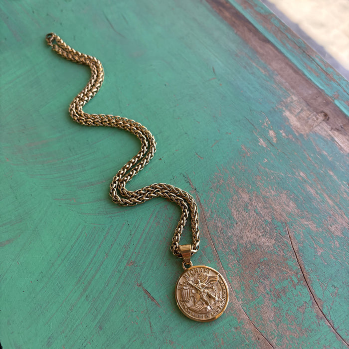 Stainless Steel Round St Michael Pendant Necklace
