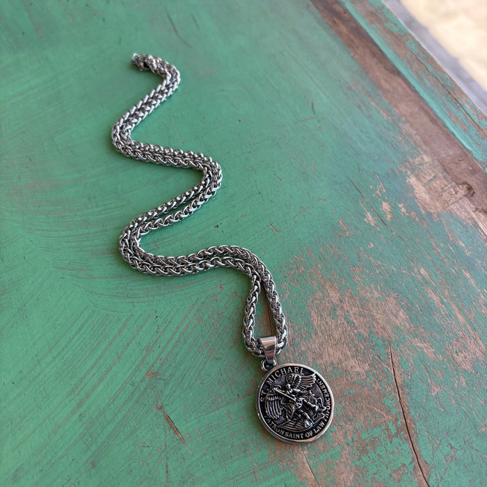 Stainless Steel Round St Michael Pendant Necklace