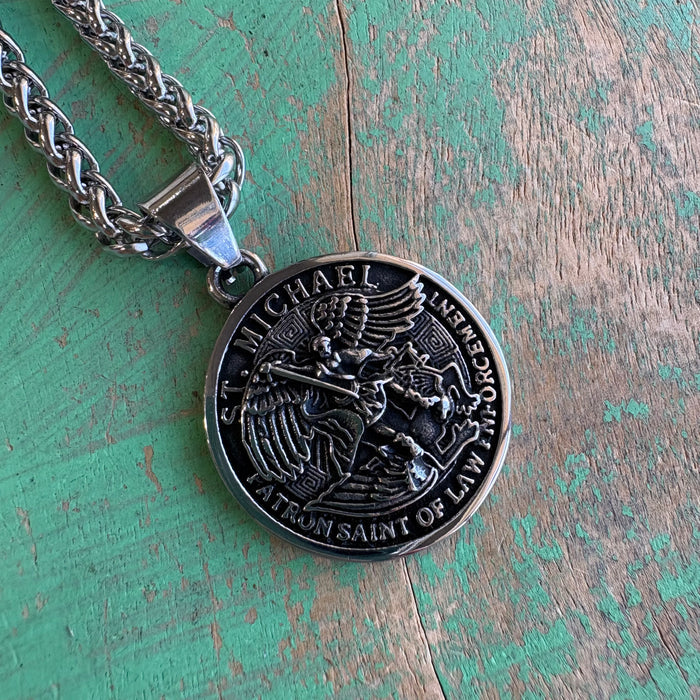 Stainless Steel Round St Michael Pendant Necklace