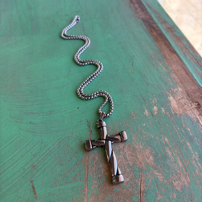 Stainless Steel Woven Cross Necklace – 2.5” Textured Cross on 24” Chain