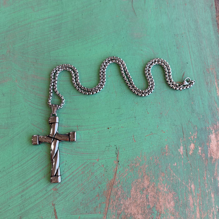 Stainless Steel Woven Cross Necklace – 2.5” Textured Cross on 24” Chain
