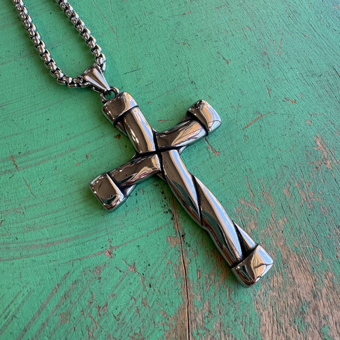 Stainless Steel Woven Cross Necklace – 2.5” Textured Cross on 24” Chain