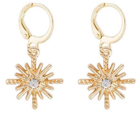 Gold-tone star dangle hoop huggie earrings with blue crystal center