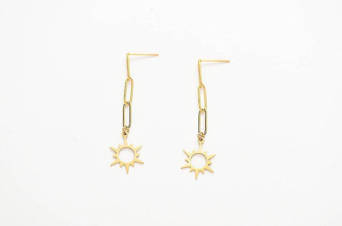 Gold-tone star dangle earrings with hook backs and sunburst pendants