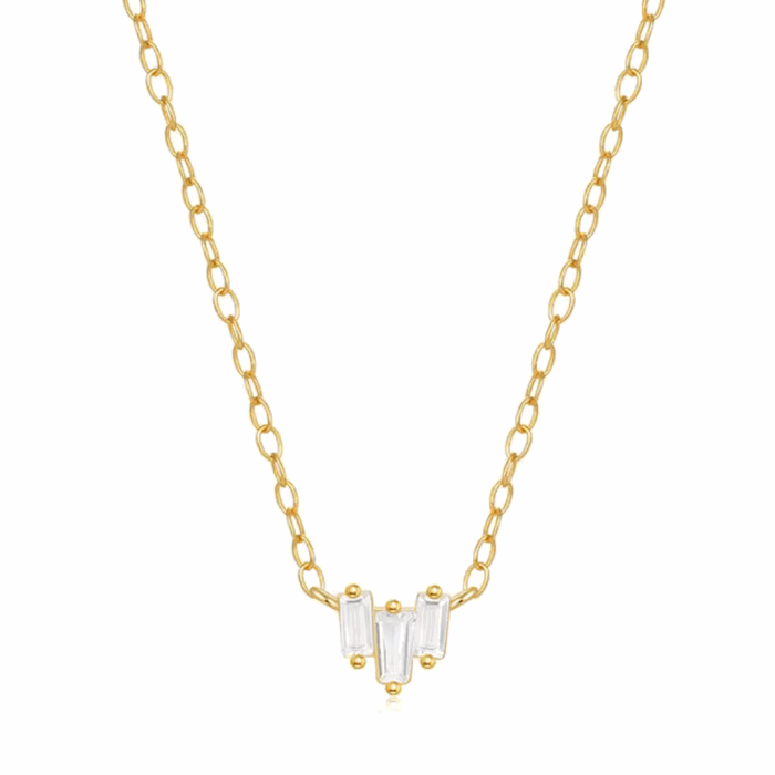 Gold-tone chain necklace with three emerald-cut cubic zirconia stones at center