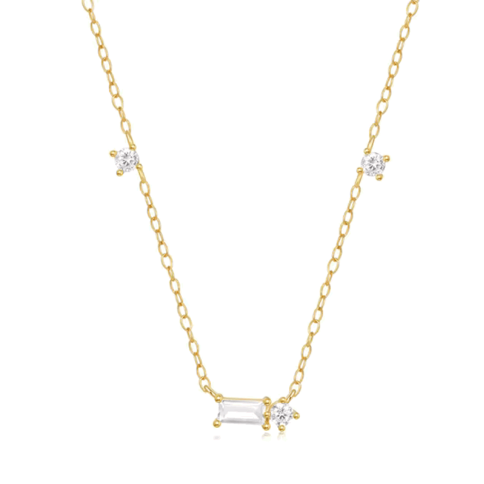 Gold tone delicate necklace with three round and one emerald-cut cubic zirconia pendant