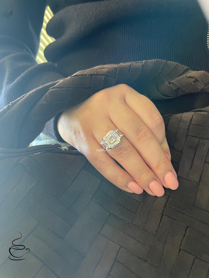 Sterling Silver 7CT Asscher Cut Simulated Diamond Three Stone Engagement Ring