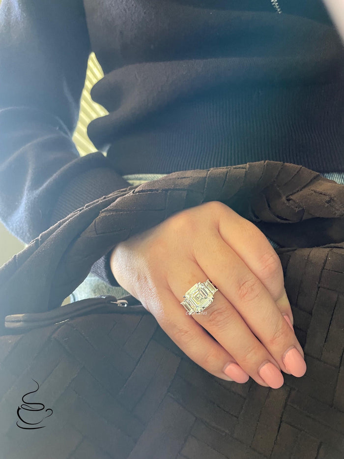 Sterling Silver 7CT Asscher Cut Simulated Diamond Three Stone Engagement Ring