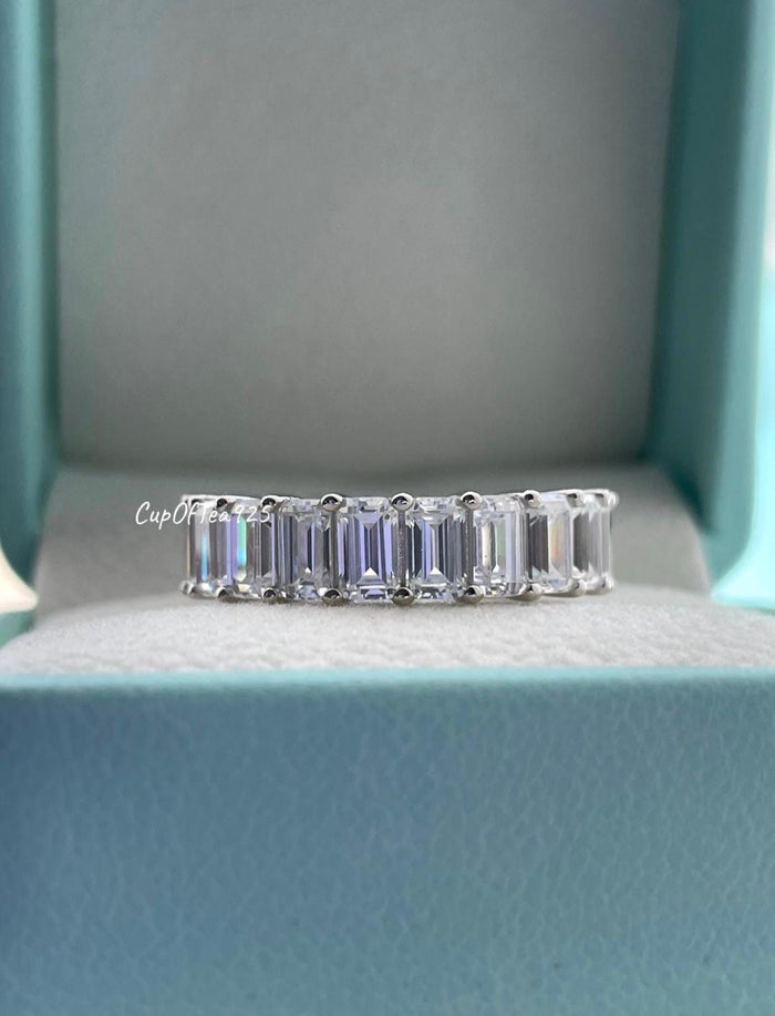 Sterling Silver 925 4mm full eternity band with emerald cut simulated diamonds, wedding band