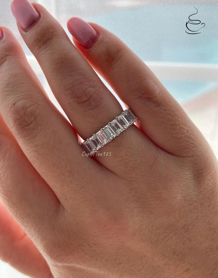Sterling Silver 925 4mm full eternity band with emerald cut simulated diamonds, wedding band