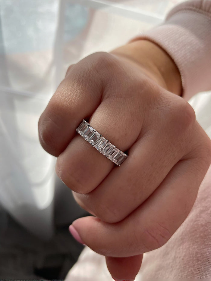 Sterling Silver 925 4mm full eternity band with emerald cut simulated diamonds, wedding band