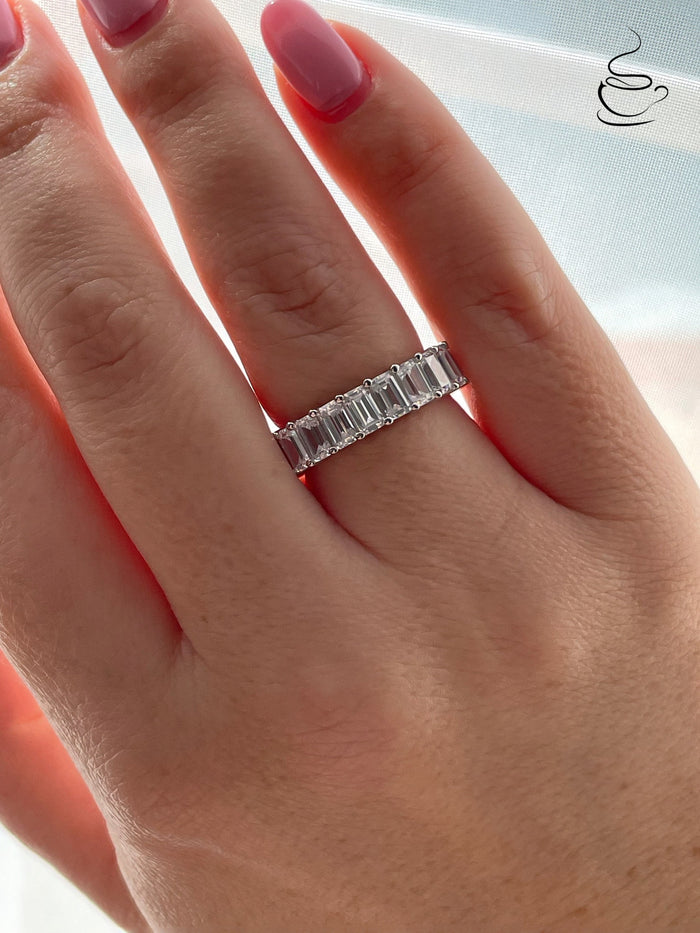 Sterling Silver 925 4mm full eternity band with emerald cut simulated diamonds, wedding band
