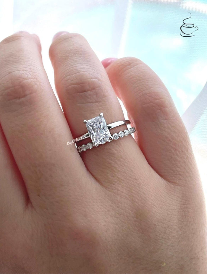Sterling Silver 925 Bridal Set with 2CT Radiant Cut Solitare and half eternity band, engagement ring
