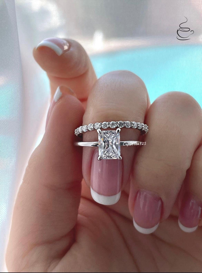 Sterling Silver 925 Bridal Set with 2CT Radiant Cut Solitare and half eternity band, engagement ring