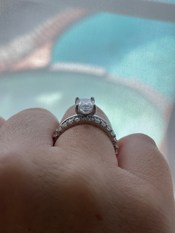 Sterling Silver 925 Bridal Set with 2CT Radiant Cut Solitare and half eternity band, engagement ring