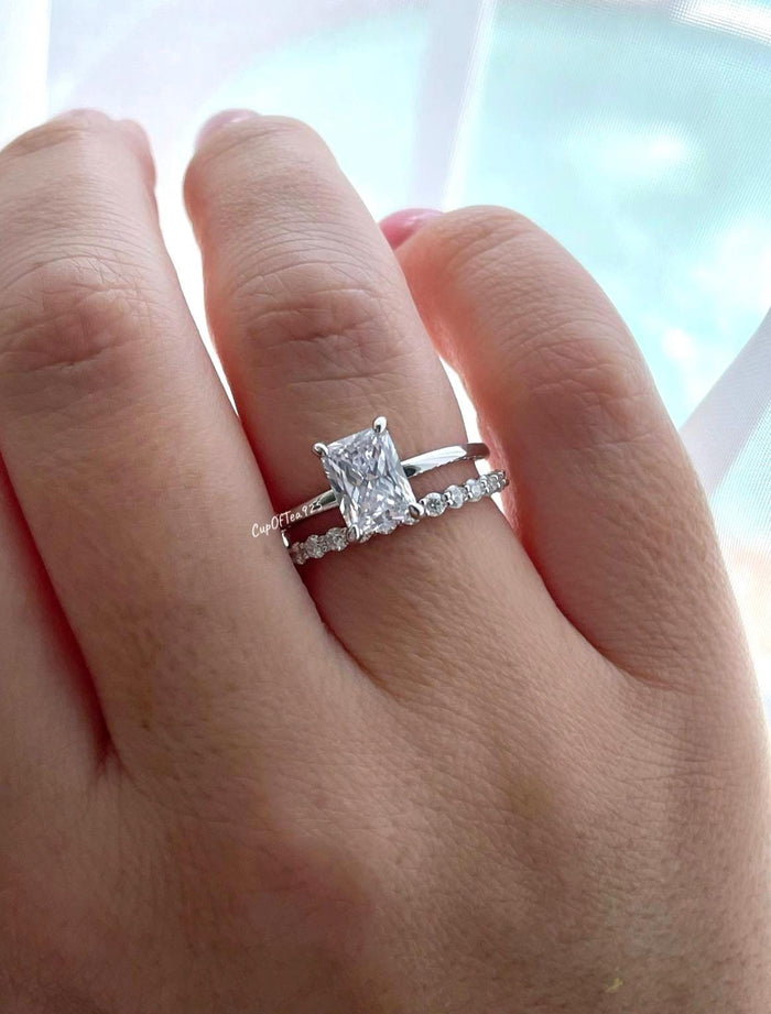 Sterling Silver 925 Bridal Set with 2CT Radiant Cut Solitare and half eternity band, engagement ring