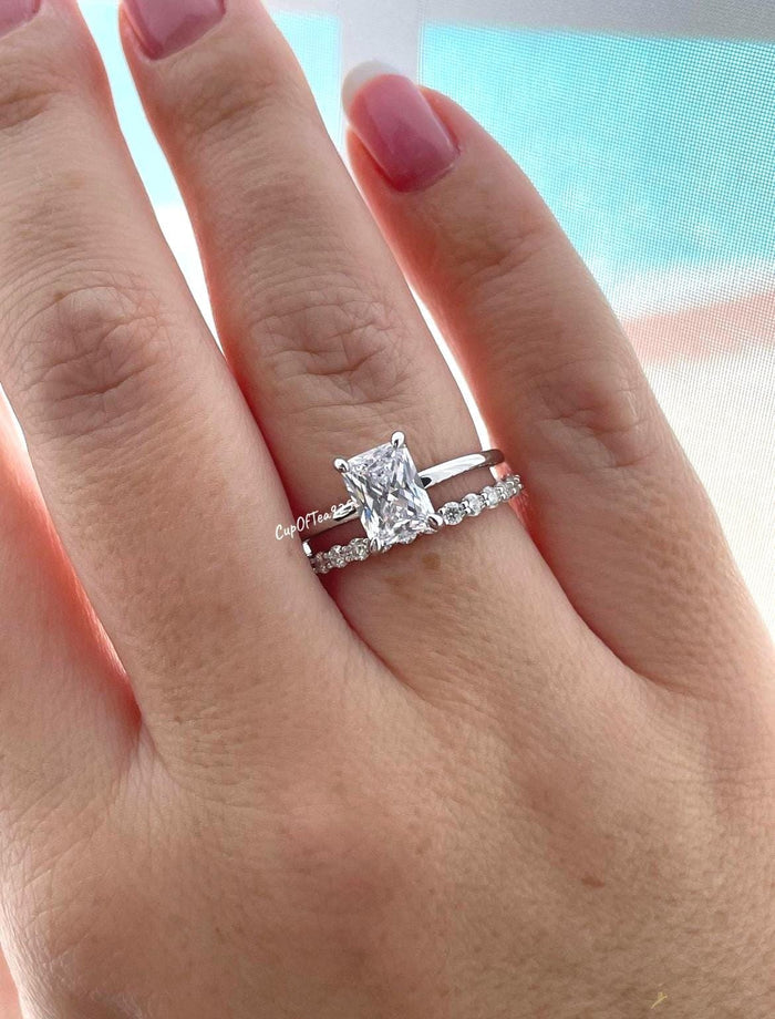 Sterling Silver 925 Bridal Set with 2CT Radiant Cut Solitare and half eternity band, engagement ring