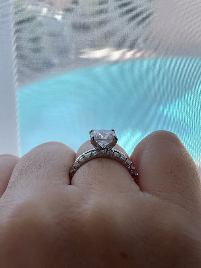 Sterling Silver 925 Bridal Set with 3CT Cushion Cut Solitare and eternity band, engagement ring