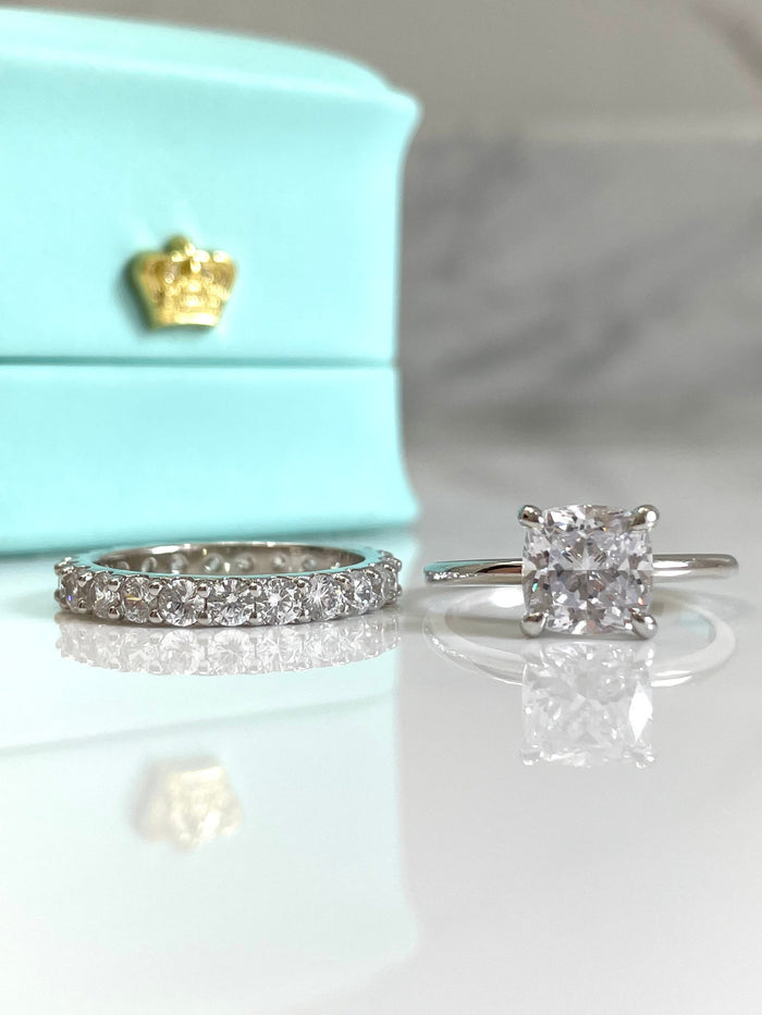 Sterling Silver 925 Bridal Set with 3CT Cushion Cut Solitare and full eternity band, engagement ring