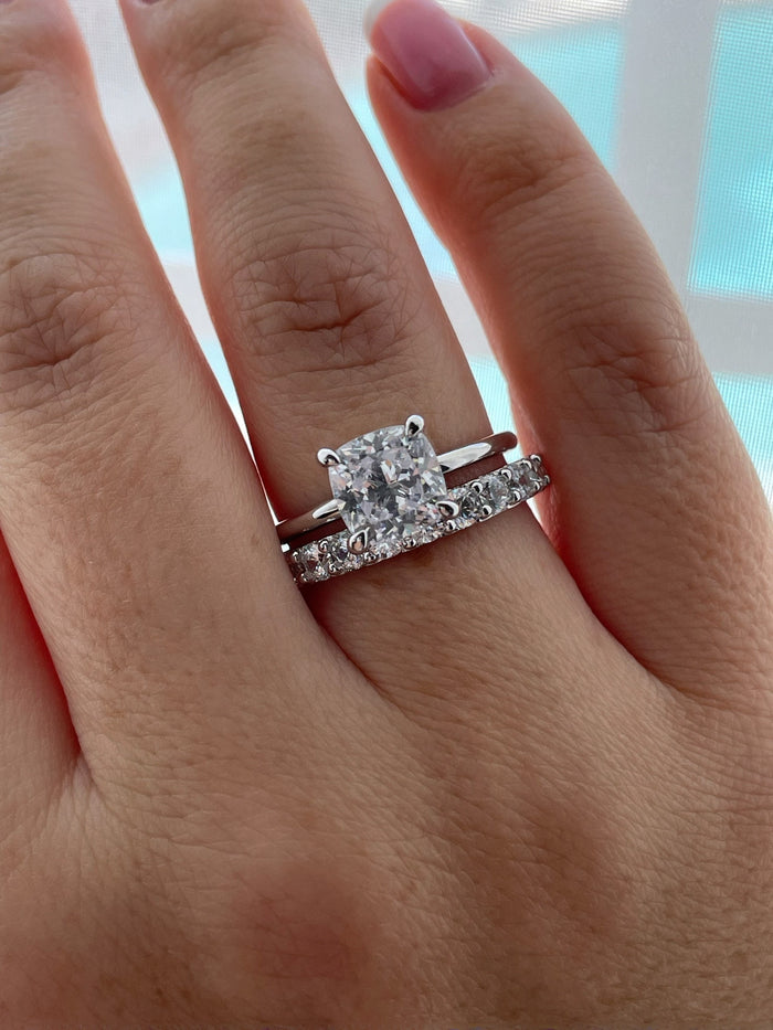 Sterling Silver 925 Bridal Set with 3CT Cushion Cut Solitare and full eternity band, engagement ring