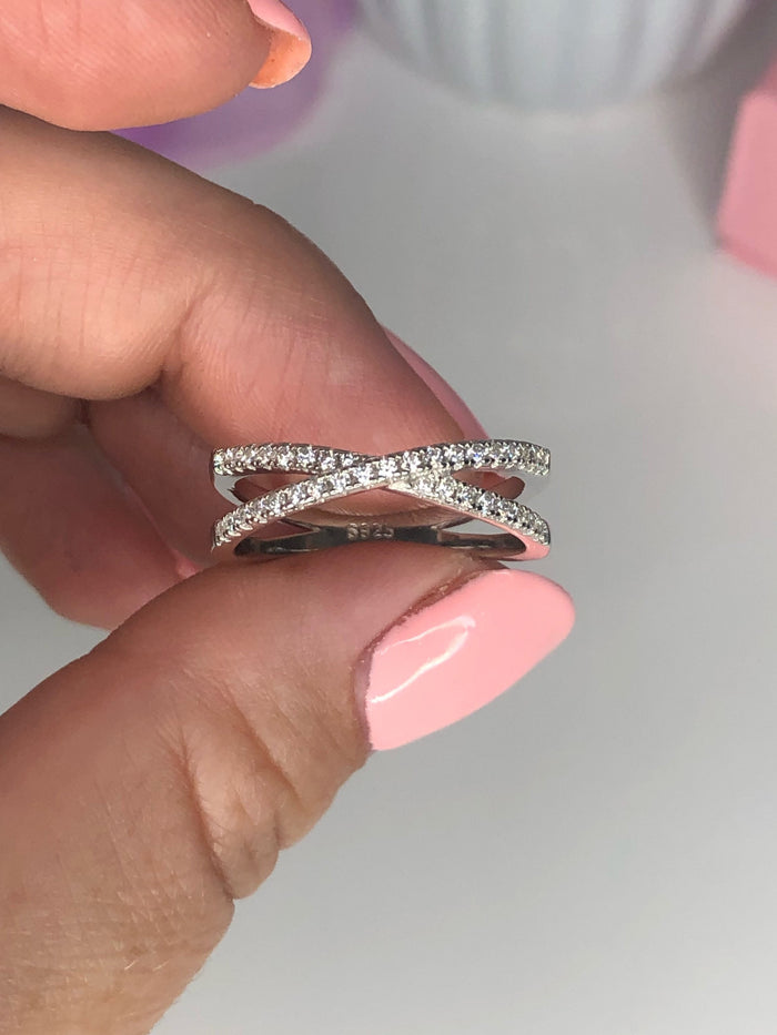 Sterling Silver 925 Criss Cross Ring With CZ Diamonds or Moissanite