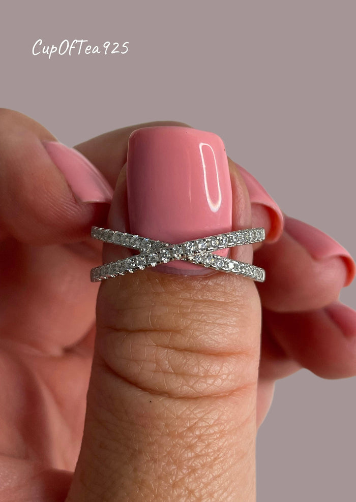 Sterling Silver 925 Criss Cross Ring With CZ Diamonds or Moissanite