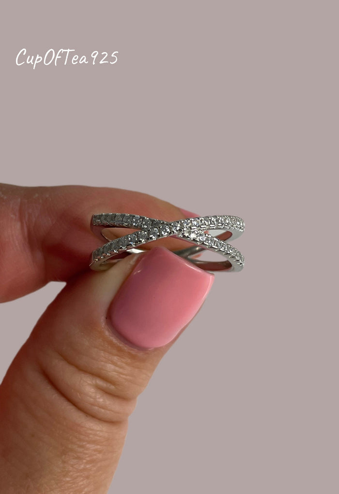 Sterling Silver 925 Criss Cross Ring With CZ Diamonds or Moissanite