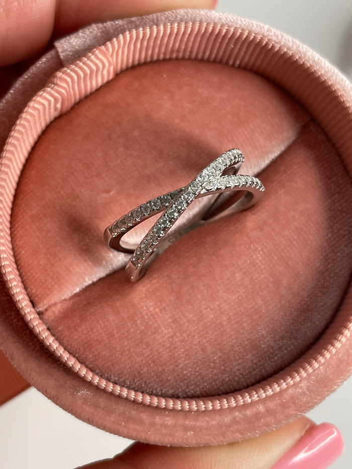 Sterling Silver 925 Criss Cross Ring With CZ Diamonds or Moissanite