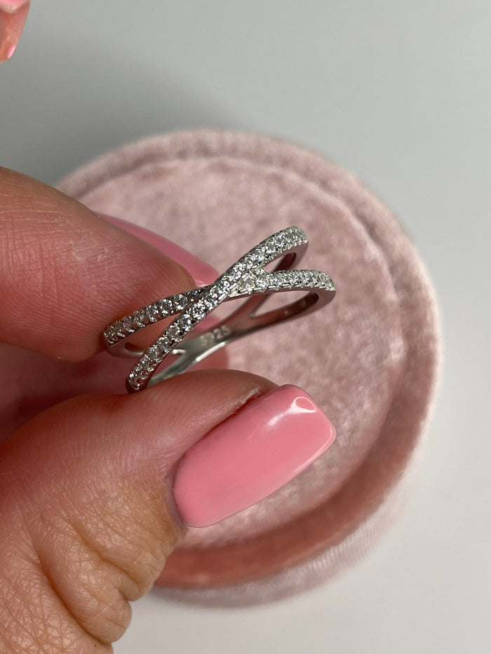 Sterling Silver 925 Criss Cross Ring With CZ Diamonds or Moissanite