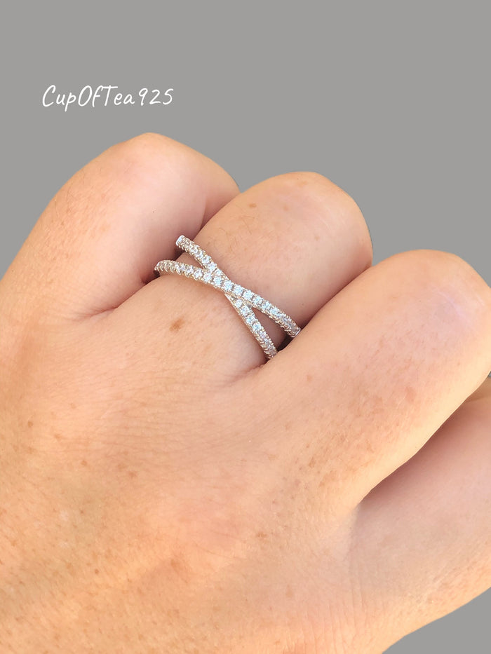 Sterling Silver 925 Criss Cross Ring With CZ Diamonds or Moissanite