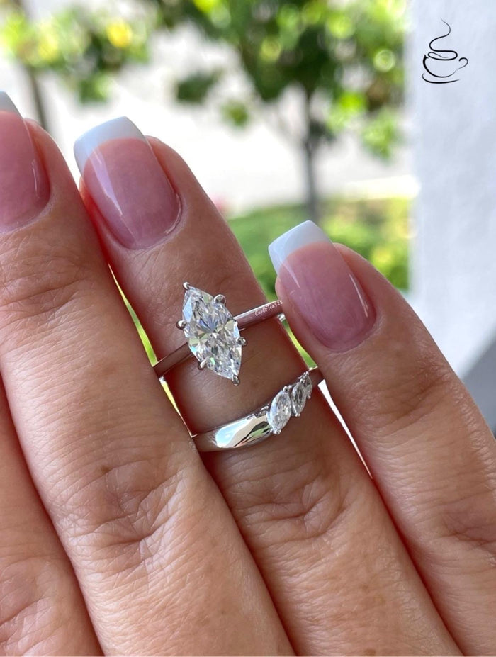 Sterling Silver 925 Engagement Ring bridal set with 1.5CT marquise cut simulated dimond Solitare and curved wedding band